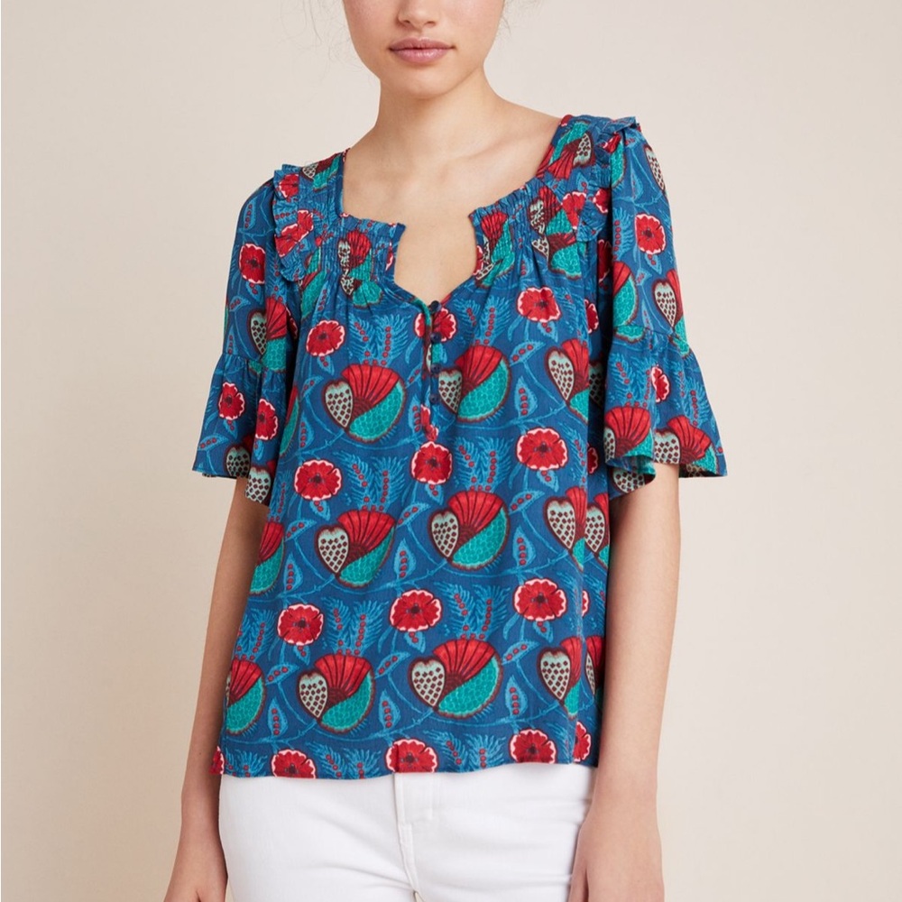 Anthropologie Teal Blue Floral Peasant Top with Red Accents